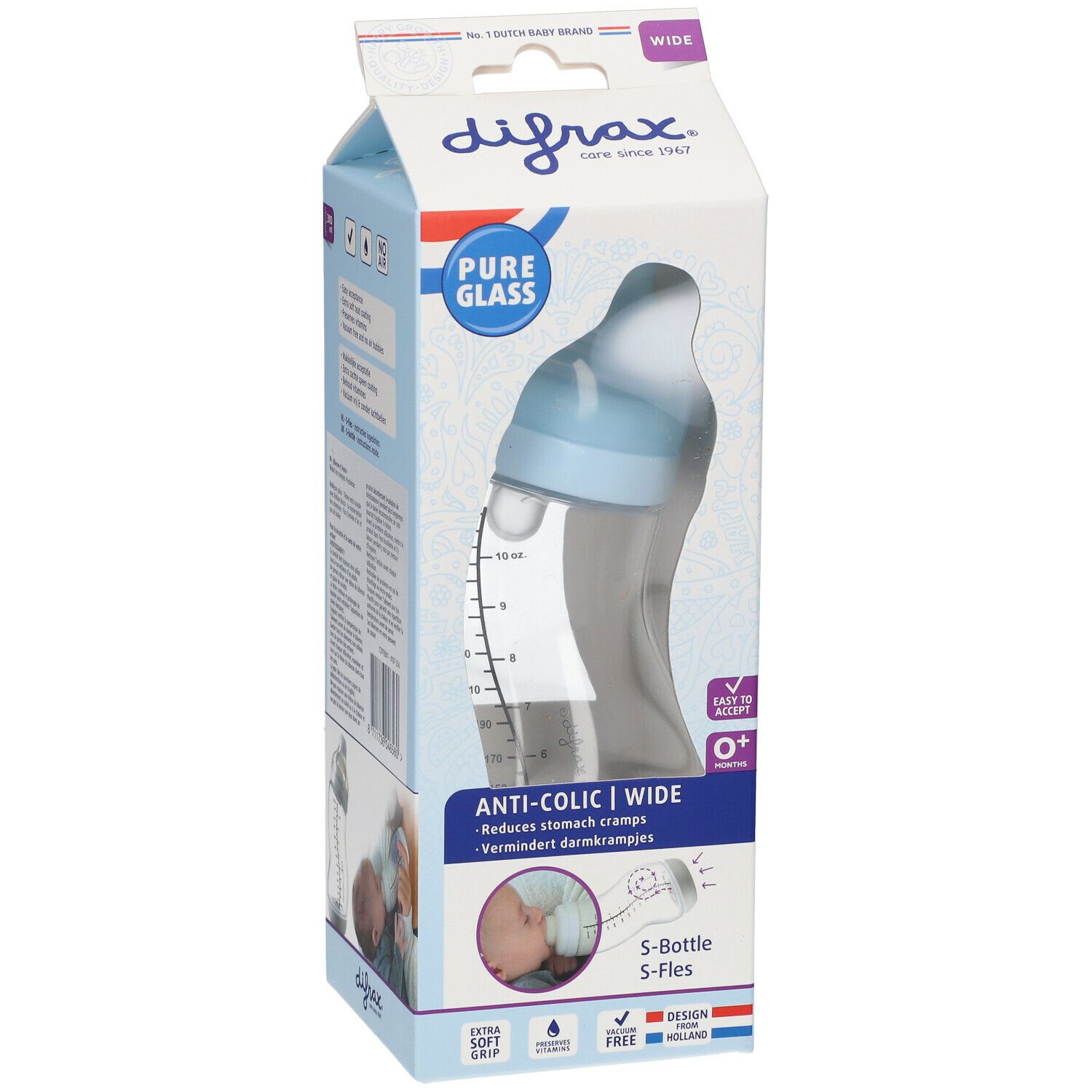 Biberon bleu et transparent dans son emballage. Inscription "Anti-colic". Emballage avec informations produit.