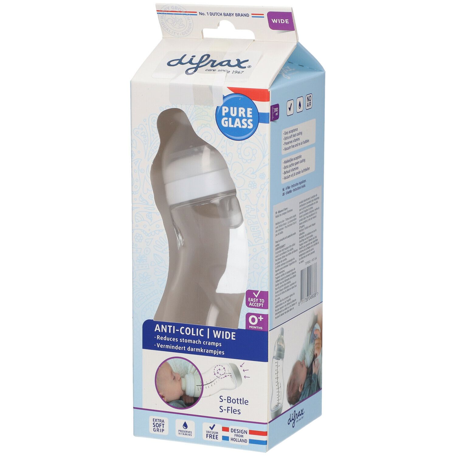 Emballage de biberon. Visible : biberon, texte "Anti-Colic", "Pure Glass", "0+".