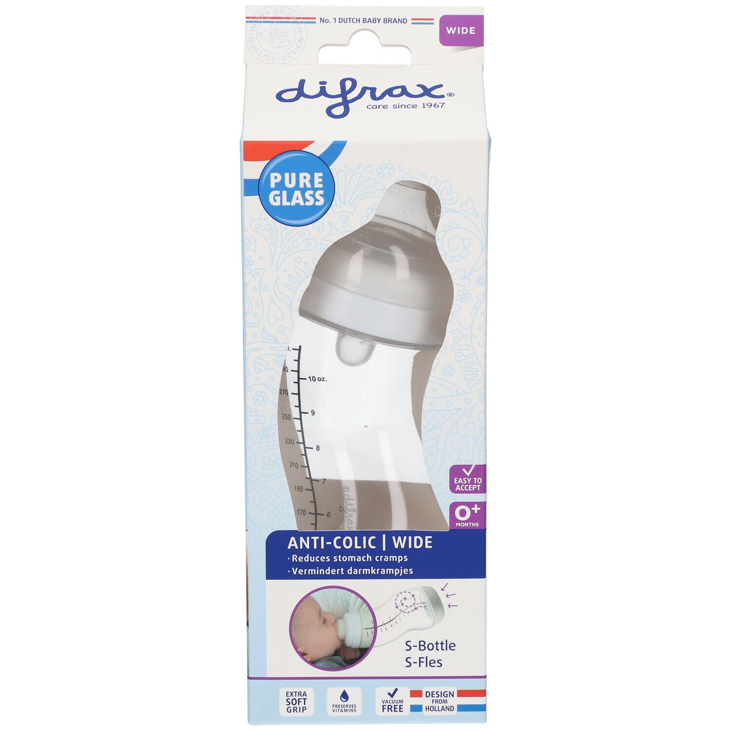 Emballage de biberon. Visible : biberon, texte "Anti-Colic", "Pure Glass", "0+".