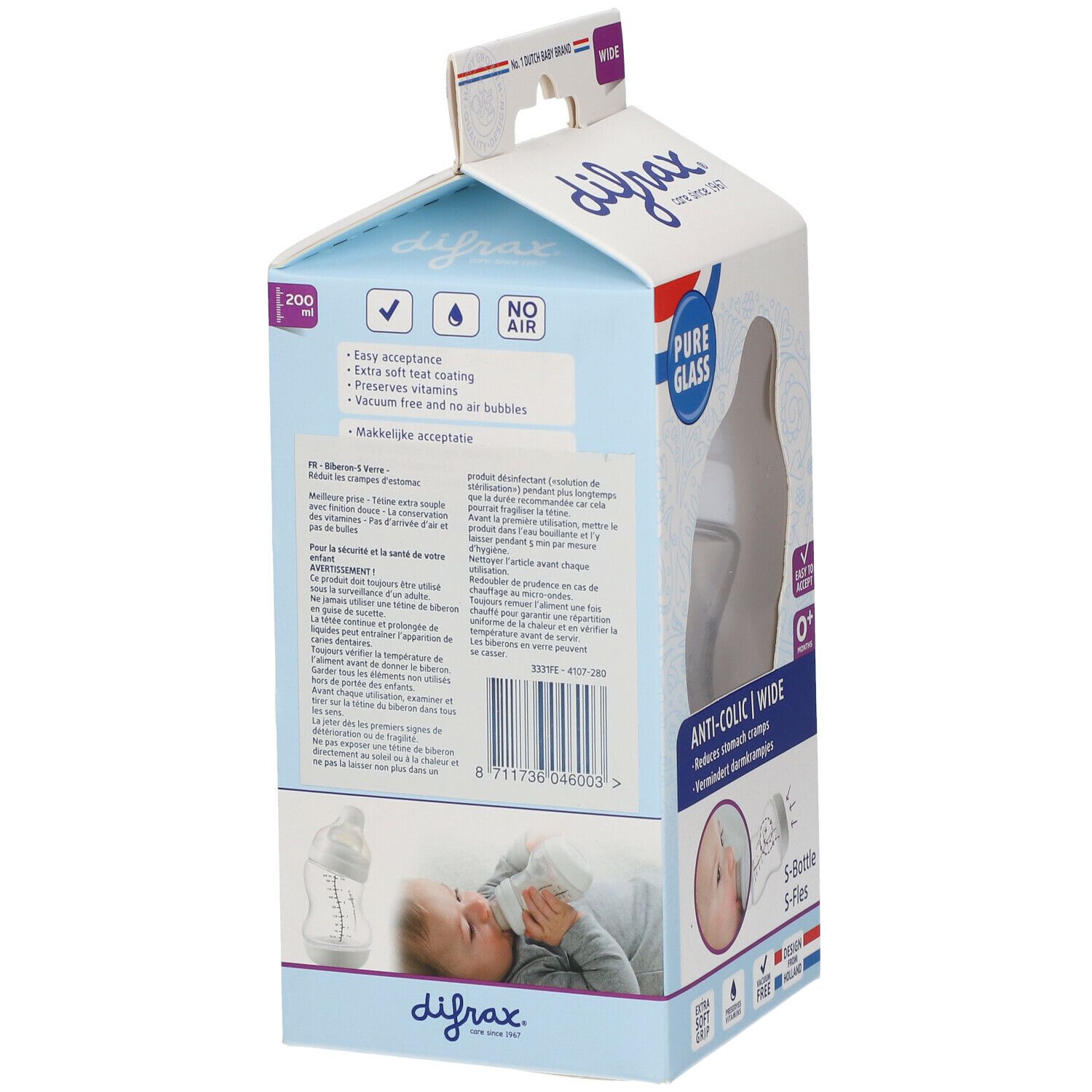 Dos de l'emballage du biberon Difrax S. Image du produit, textes et logos. Informations sur Easy Acceptance et No Air.