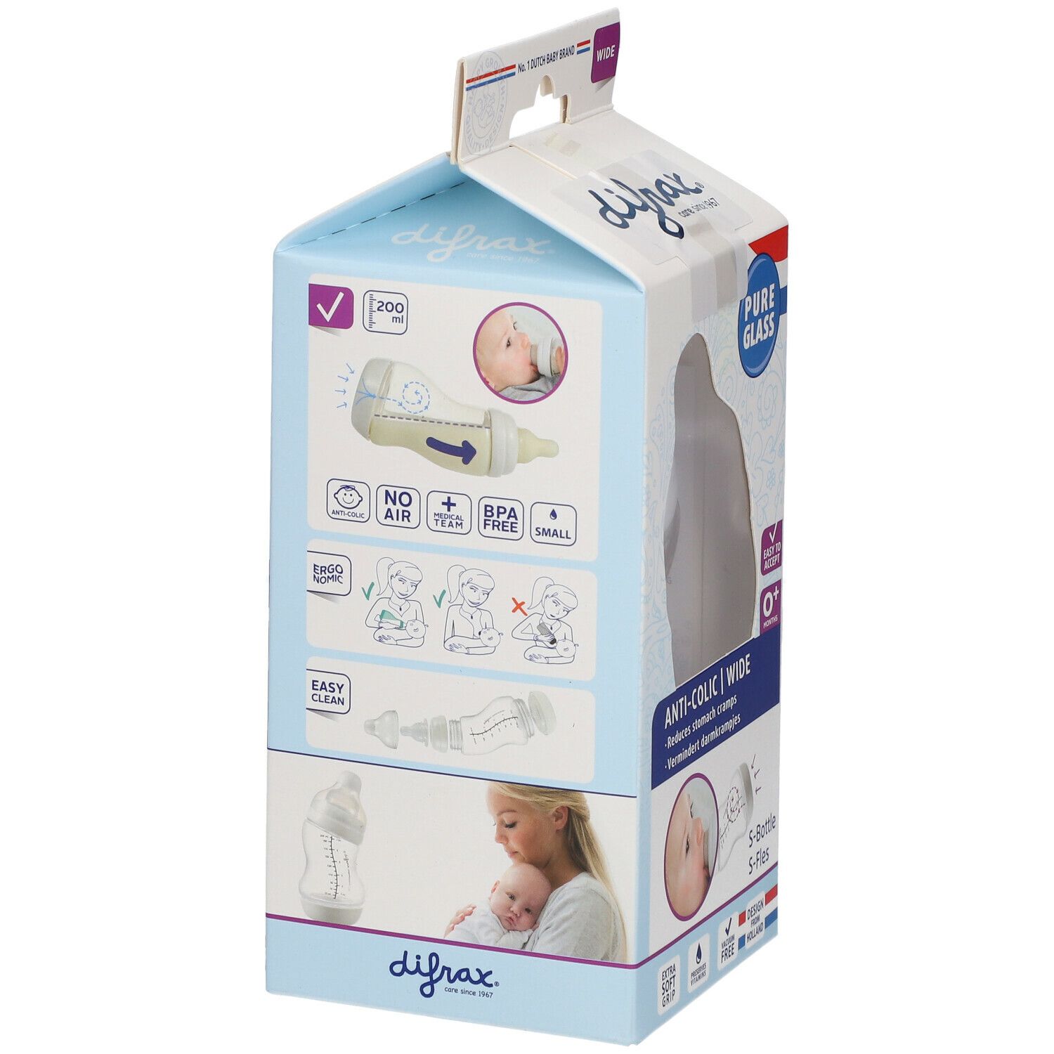 Emballage du biberon Difrax S. Image du produit, textes et logos. Informations sur Easy Acceptance, No Air et sans BPA.