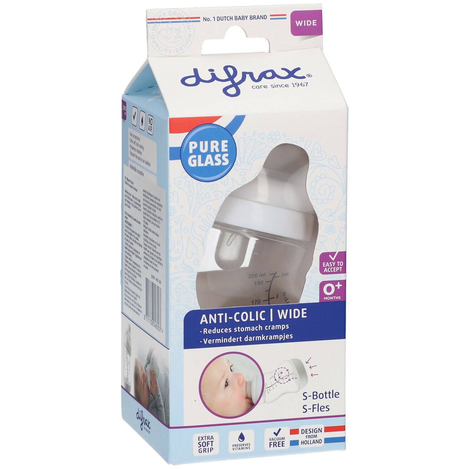 Emballage du biberon Difrax S en verre. Image du produit, textes anti-colique et S-Fles. Marque et logo visibles.