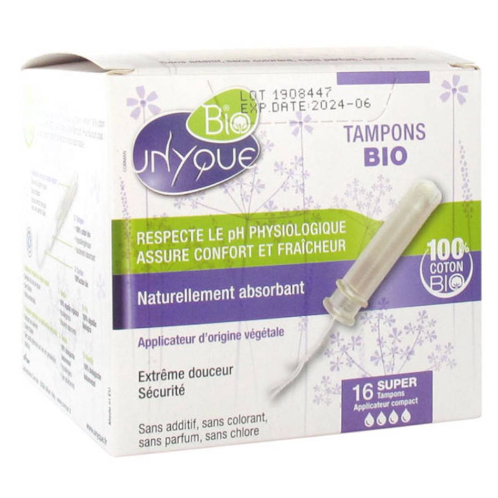 Boîte de tampons avec applicateur. Inscription: Unyque Bio, 16 Super Tampons, 100% coton.