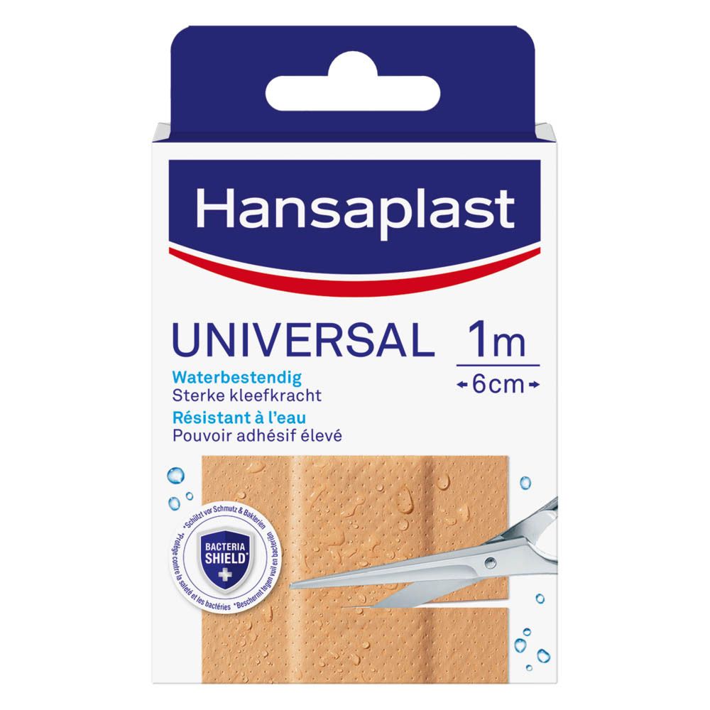 Boîte Hansaplast Universal, 1 m x 6 cm. Vue de face avec nom du produit, taille et symbole résistant à l'eau.