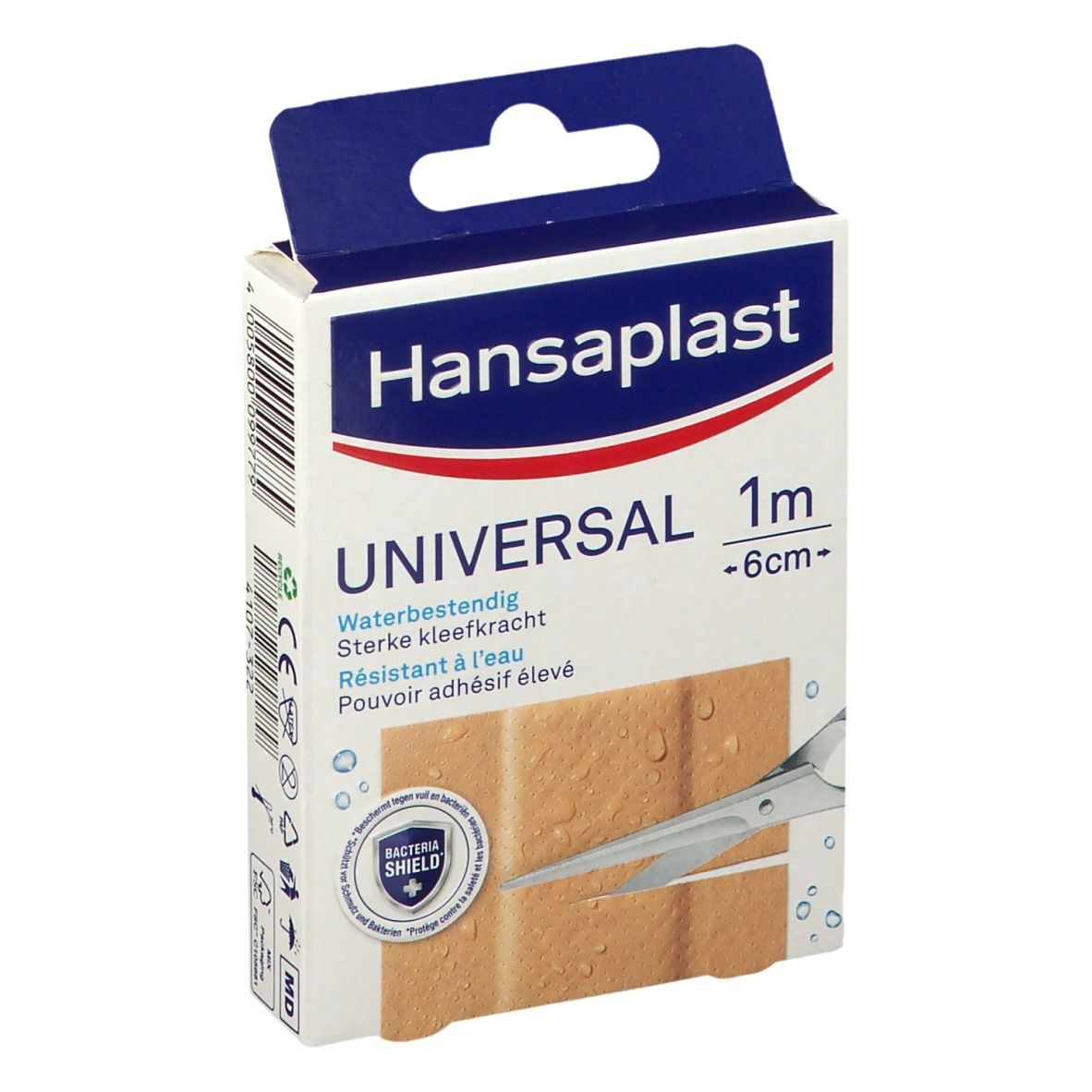 Boîte Hansaplast Universal, 1 m x 6 cm. Résistant à l'eau. Pansements avec ciseaux et symboles de gouttes d'eau.