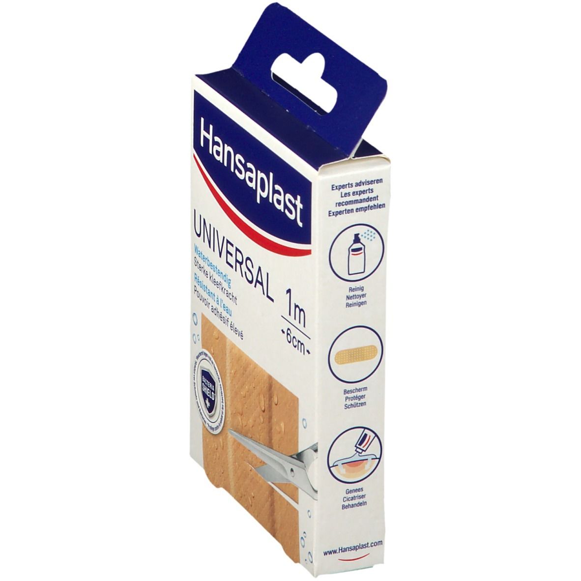 Boîte Hansaplast Universal, 1 m x 6 cm. Vue latérale avec illustrations de produits et icônes.