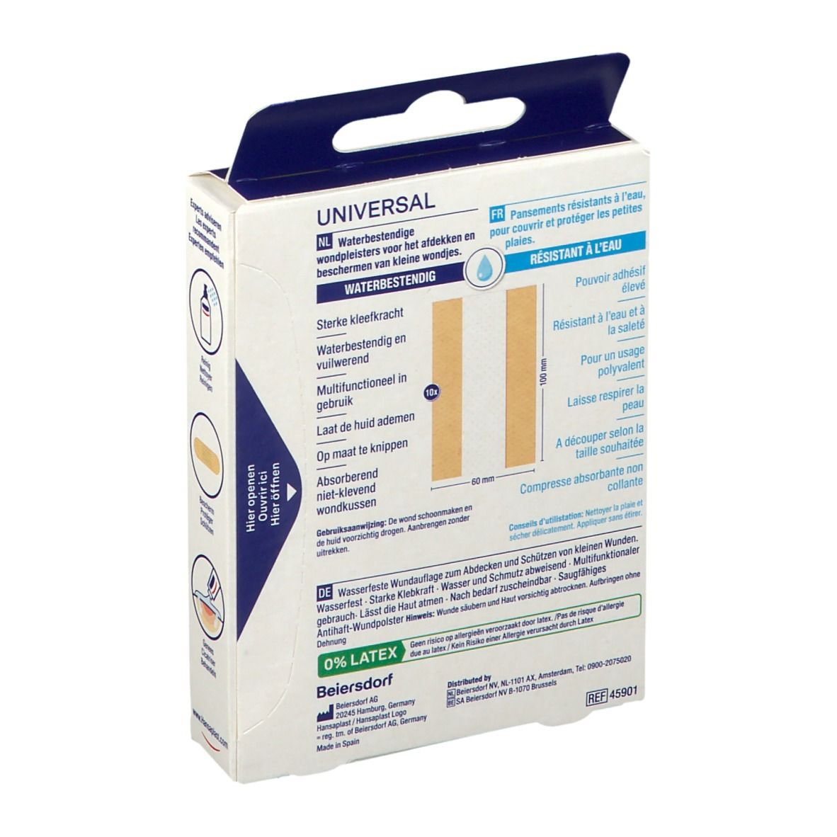 Dos de la boîte Hansaplast Universal, 1 m x 6 cm. Informations sur le produit et indications de taille.