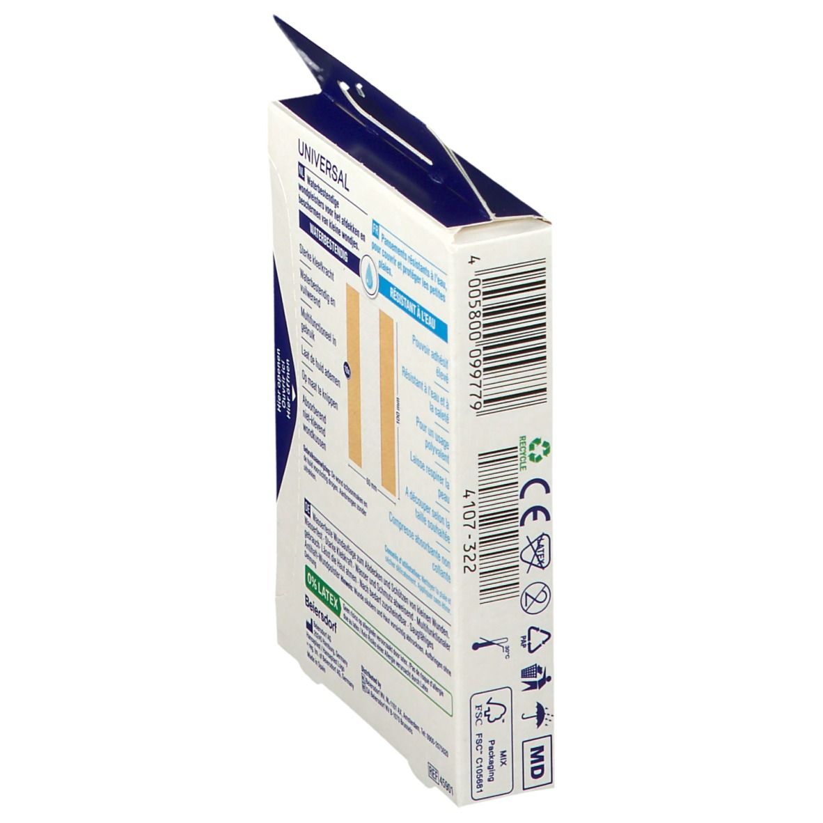 Vue latérale de la boîte Hansaplast Universal, 1 m x 6 cm. Code-barres, symbole de recyclage et certifications.
