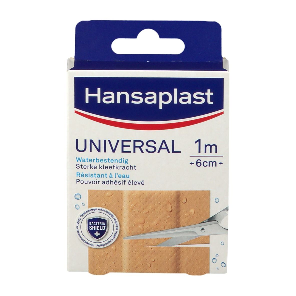 Boîte Hansaplast Universal, 1 m x 6 cm. Vue de face avec nom du produit, taille et symbole résistant à l'eau.