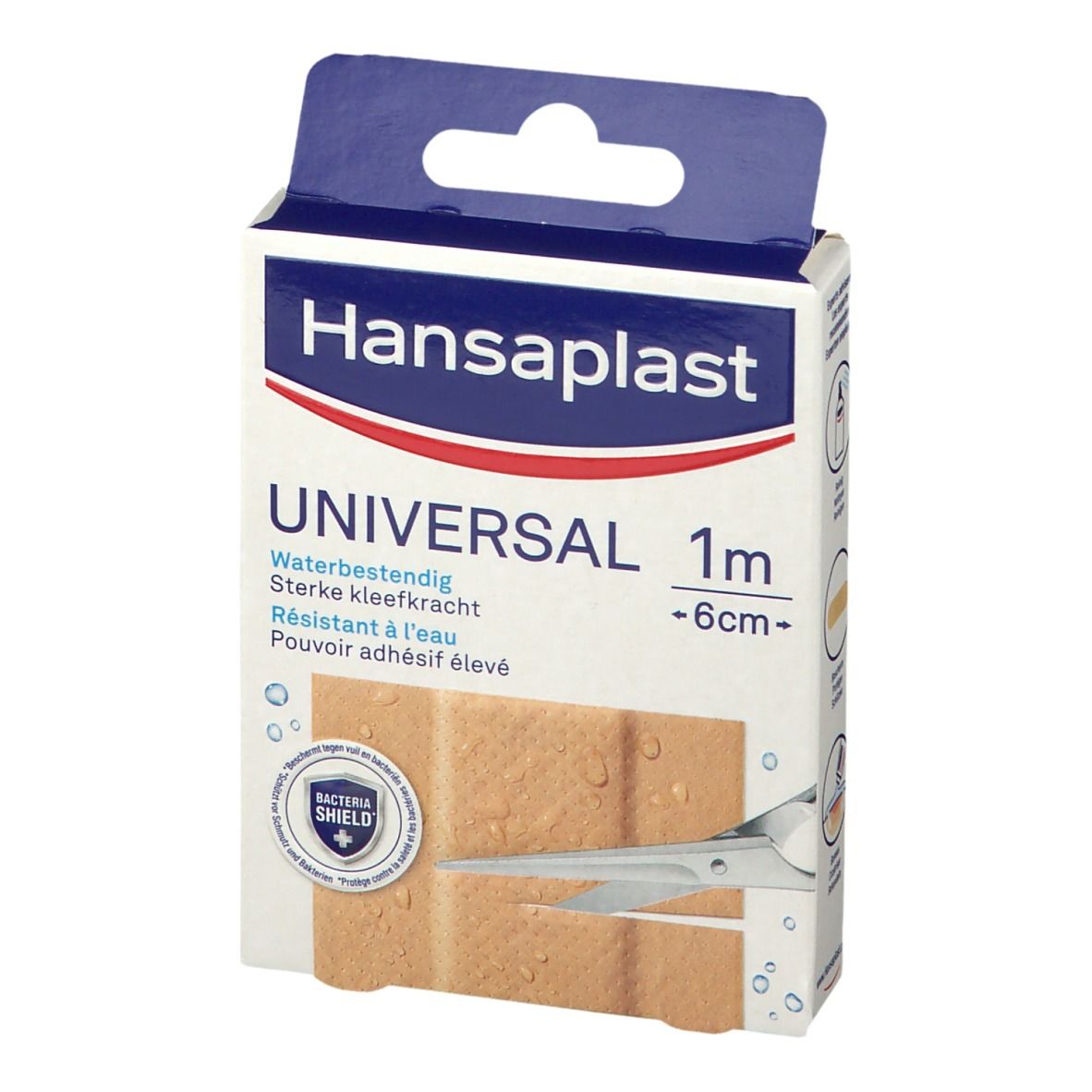 Boîte Hansaplast Universal, 1 m x 6 cm. Vue en biais avec nom du produit, taille et symbole résistant à l'eau.