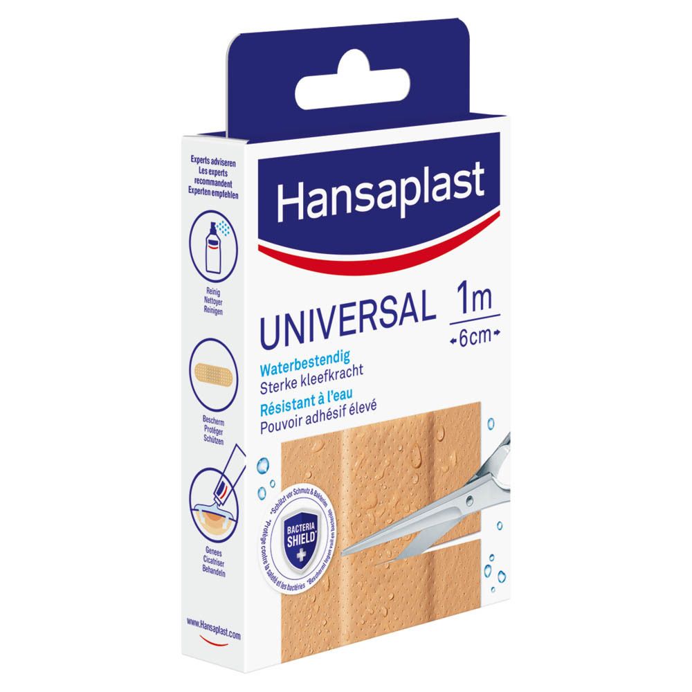 Boîte Hansaplast Universal, 1 m x 6 cm. Vue latérale avec illustrations de produits et icônes.