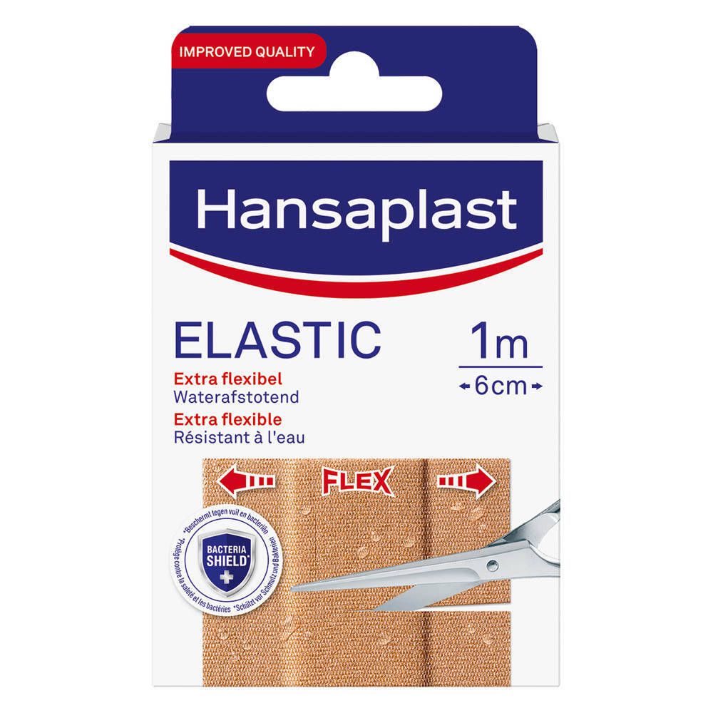 Emballage Hansaplast Elastic, 1 m x 6 cm. Extra souple, résistant à l'eau. Avec symbole Flex et ciseaux.