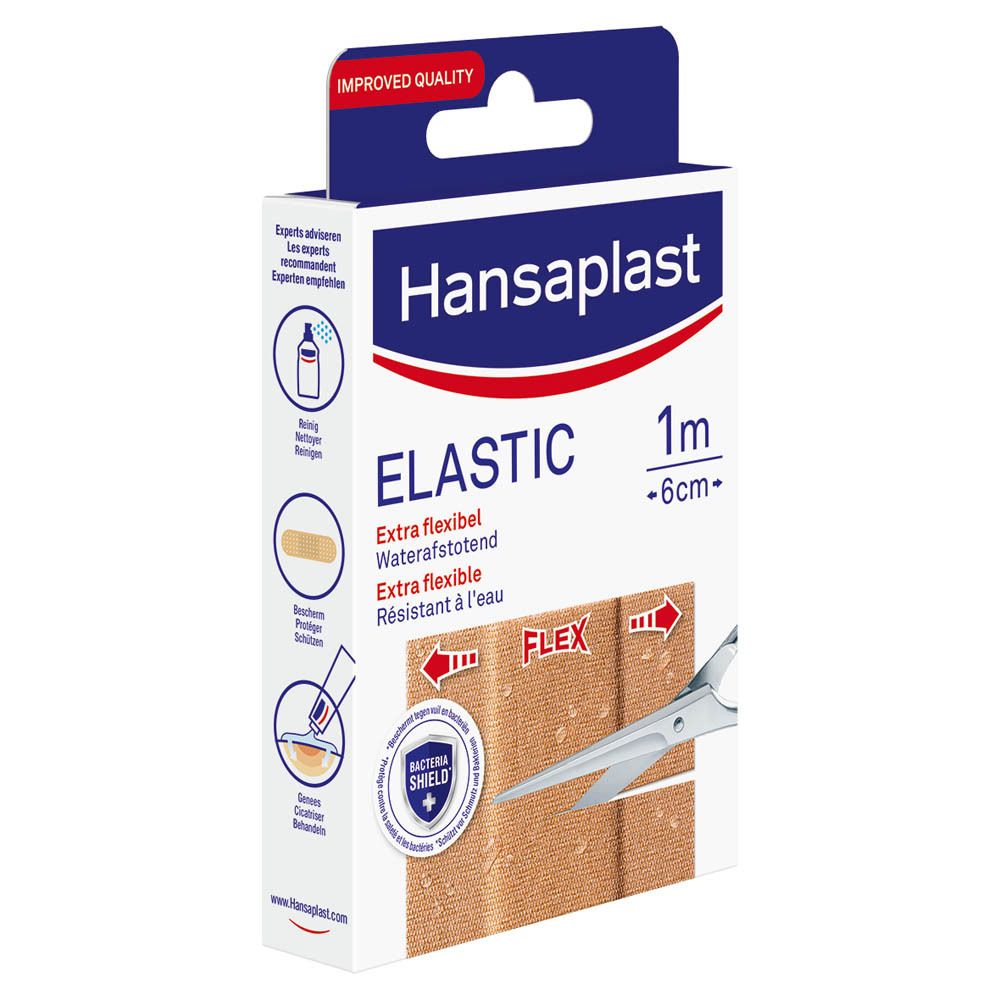 Emballage Hansaplast Elastic, 1 m x 6 cm. Extra souple, résistant à l'eau. Avec symbole Flex et ciseaux.