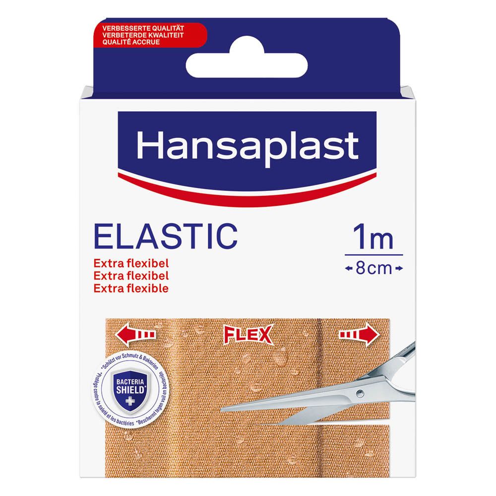 Boîte de pansements Hansaplast Elastic. Inscription : Elastic, 1 m -8 cm. Illustration d'un pansement et ciseaux.