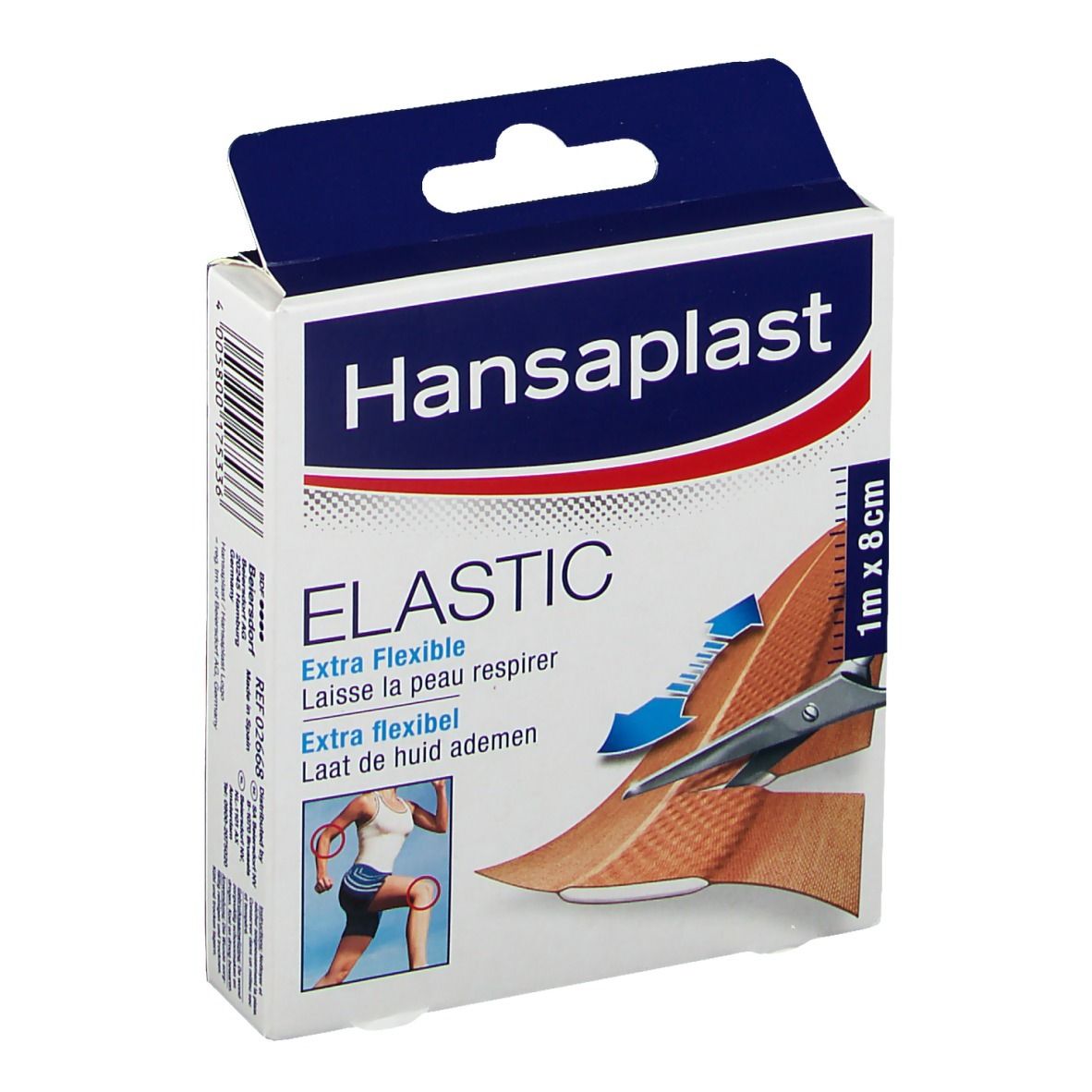 Boîte de pansements Hansaplast Elastic. Inscription : Elastic, 1 m x 8 cm. Illustration d'un pansement et de ciseaux.