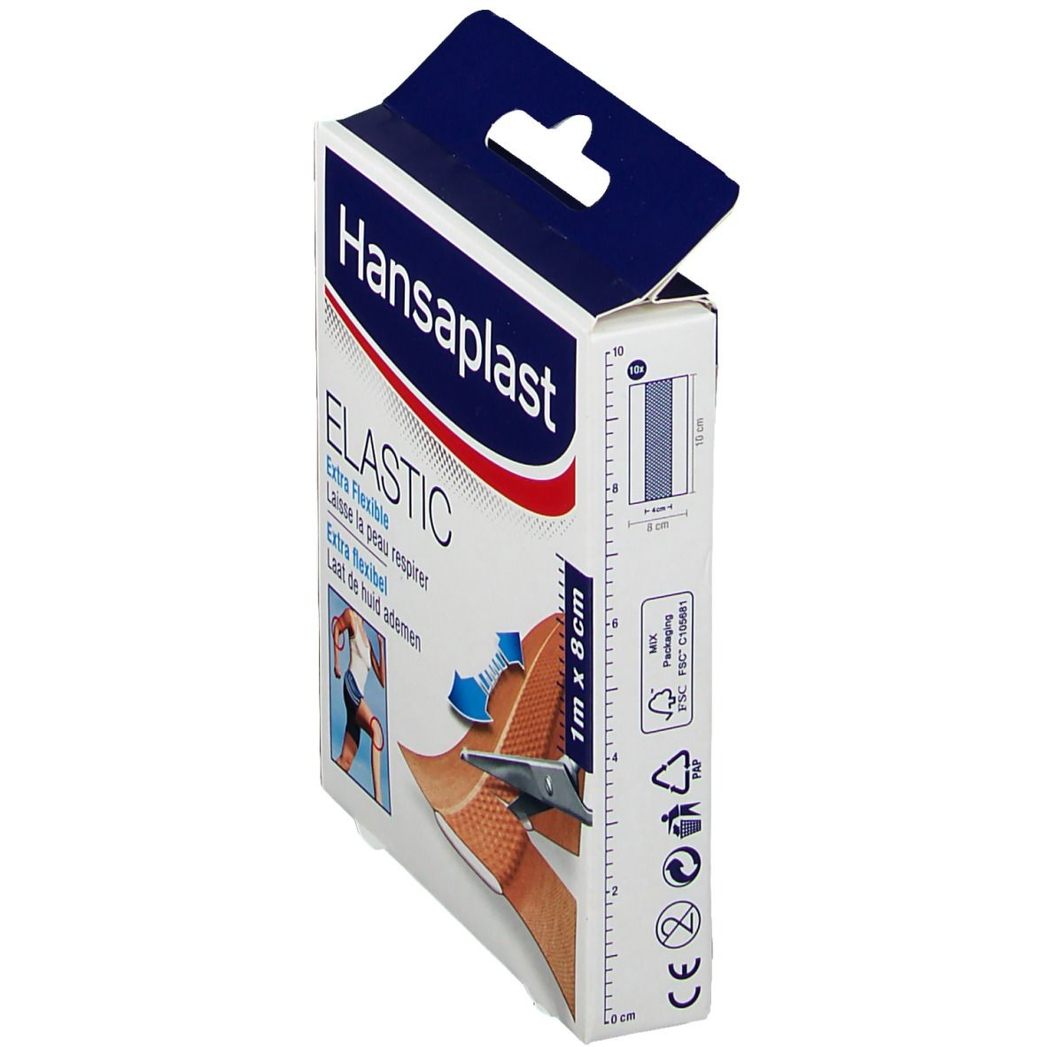 Boîte de pansements Hansaplast Elastic. Inscription : Elastic, 1 m x 8 cm. Vue latérale avec mesures.
