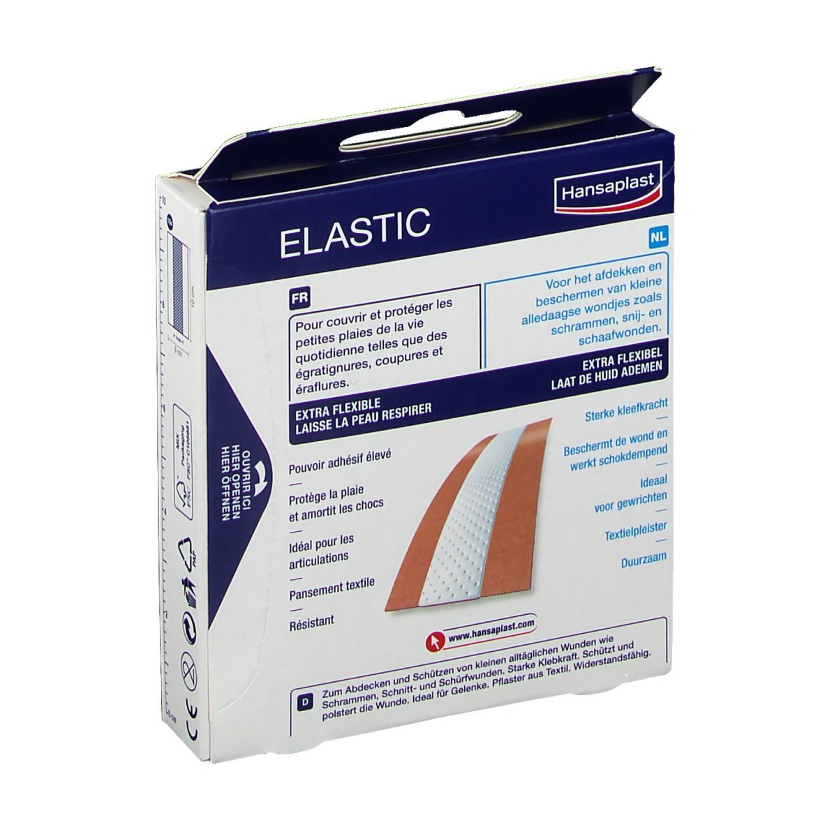 Dos de la boîte de pansements Hansaplast Elastic. Texte en allemand, français et néerlandais. Caractéristiques.