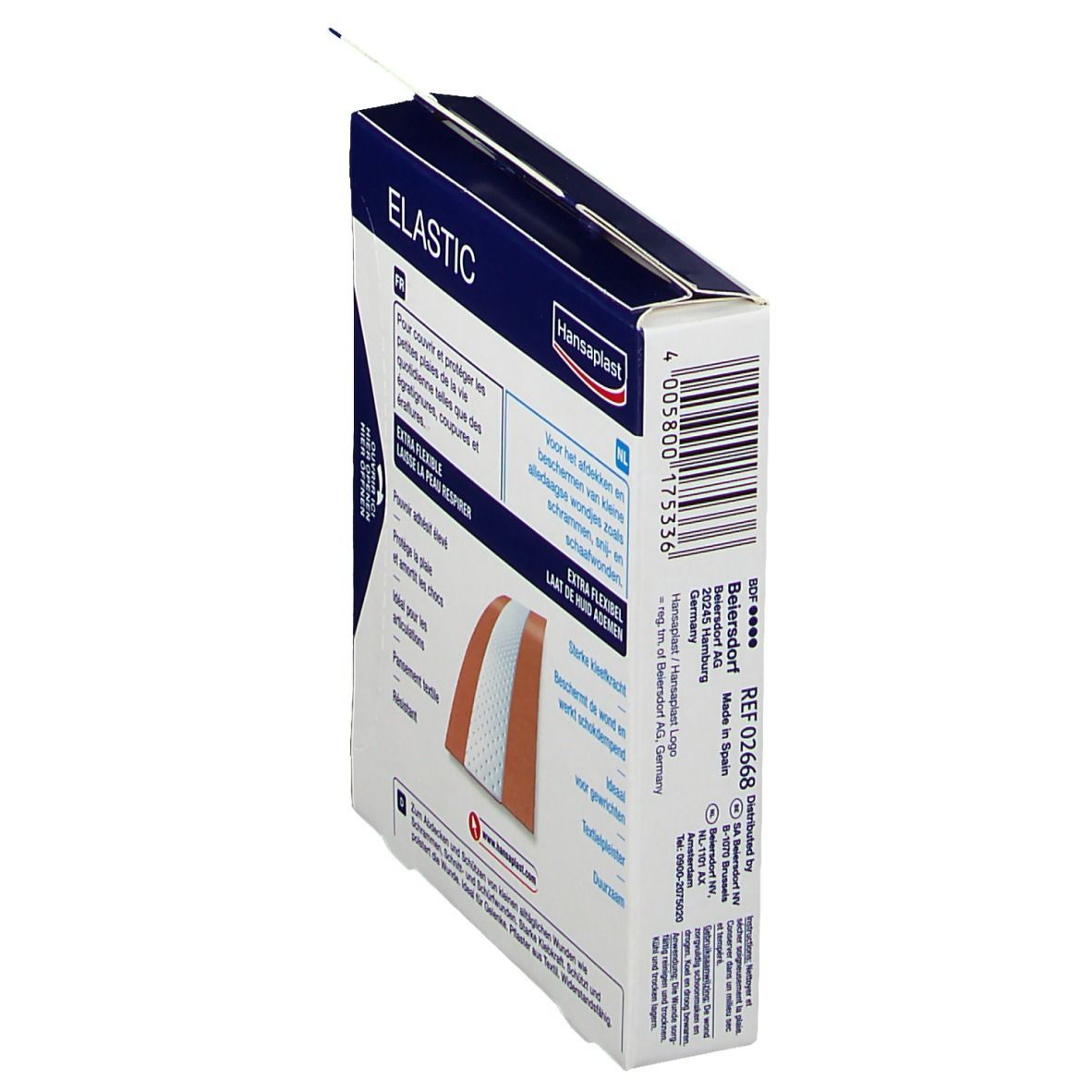 Vue latérale de la boîte de pansements Hansaplast Elastic. Texte et informations sur le produit.