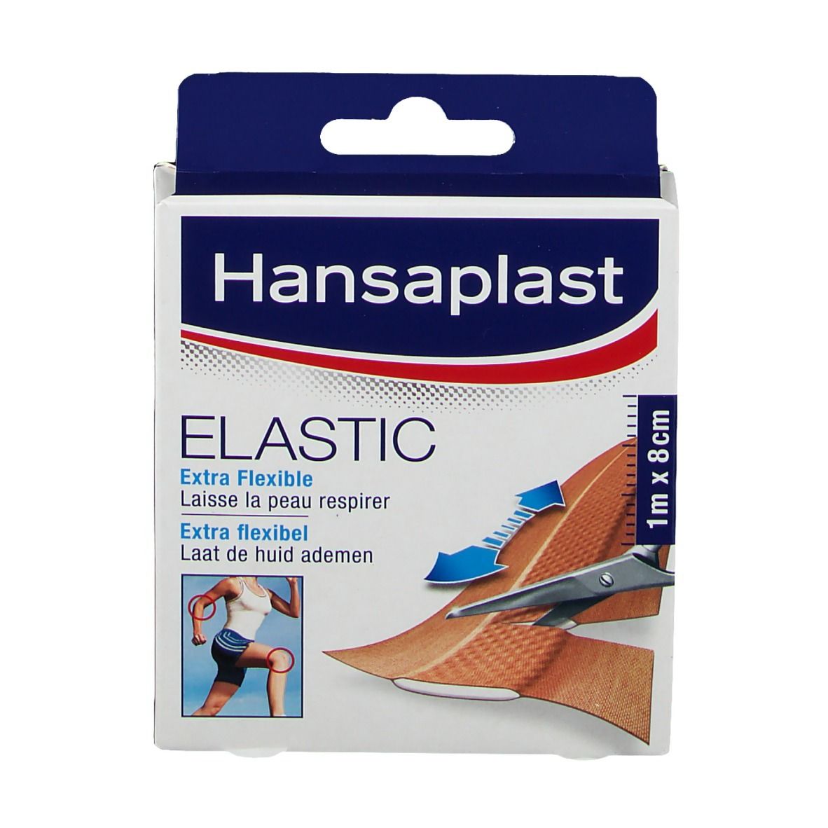 Boîte de pansements Hansaplast Elastic. Inscription : Elastic, 1 m x 8 cm. Illustration d'un pansement et de ciseaux.