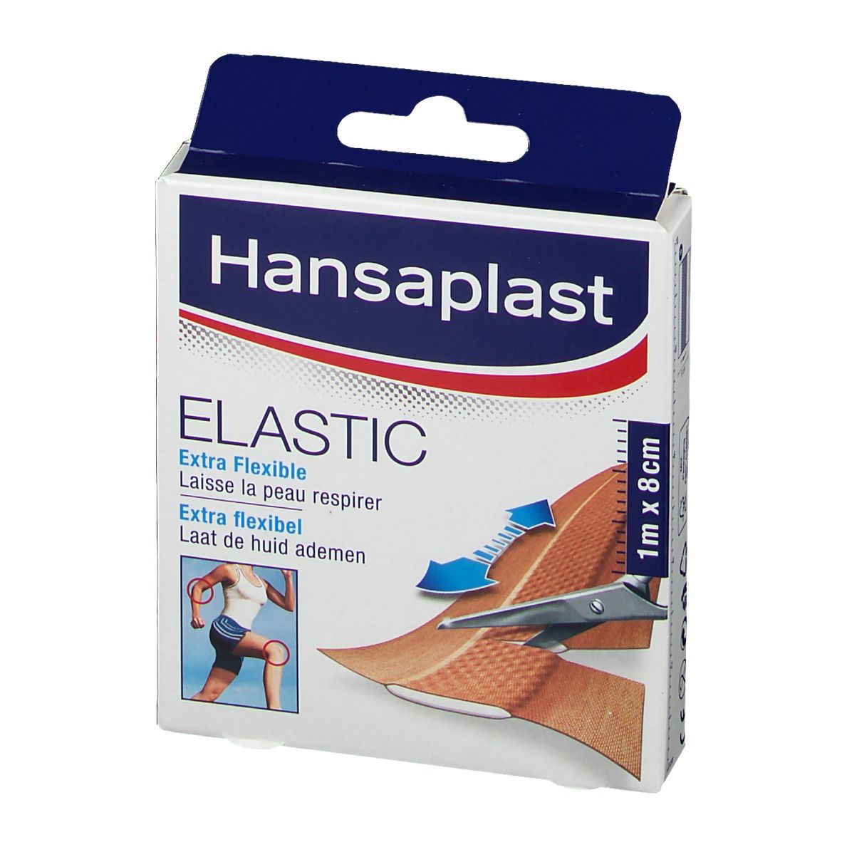 Boîte de pansements Hansaplast Elastic. Inscription : Elastic, 1 m x 8 cm. Illustration d'un pansement et de ciseaux.