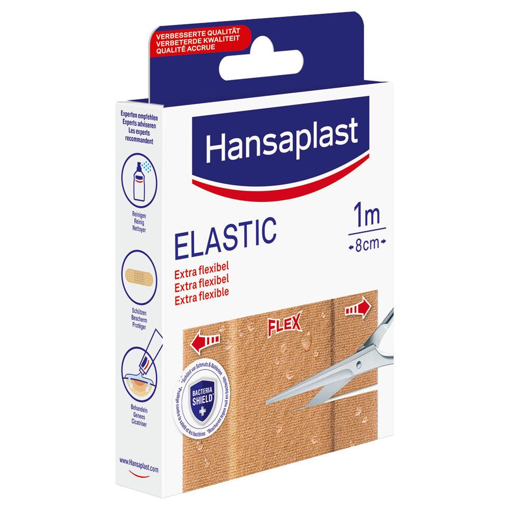 Dos de la boîte de pansements Hansaplast Elastic. Caractéristiques du produit, texte en allemand, français, néerlandais.