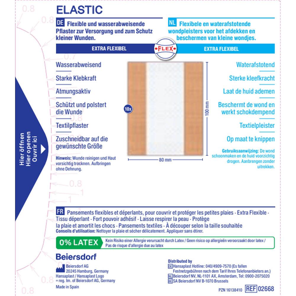 Vue détaillée de la boîte de pansements Hansaplast Elastic. Caractéristiques, texte en allemand, français, néerlandais.