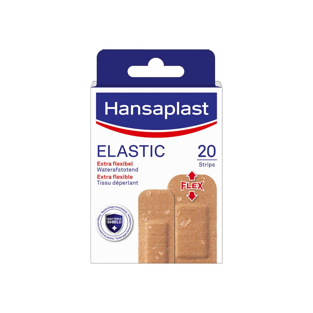 Hansaplast Elastic pleisterverpakking. 20 stuks. Extra flexibel en waterafstotend. Met Flex-symbool en logo.