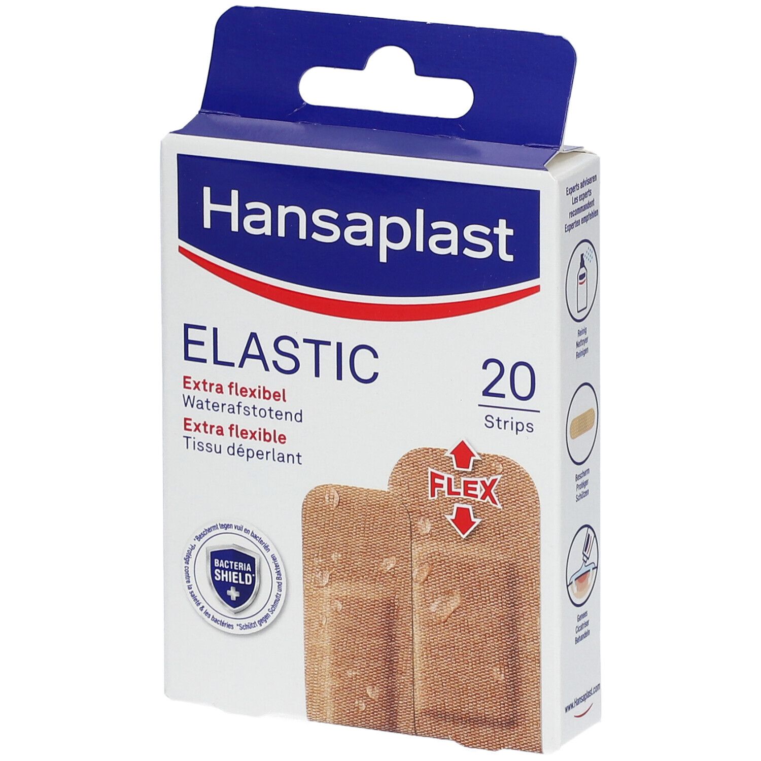 Verpakking Hansaplast Elastic pleisters. 20 stuks. Extra flexibel en waterafstotend. Met Flex-symbool.