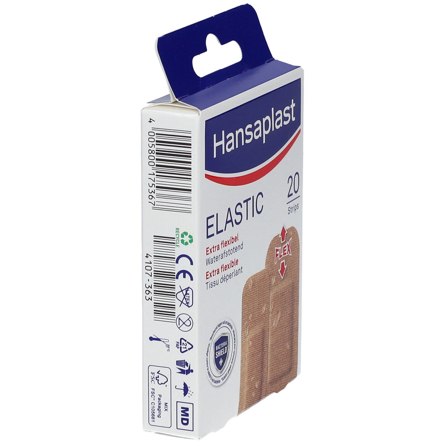 Zijaanzicht van de Hansaplast Elastic pleisterverpakking. Productnaam, 20 stuks en Flex-symbool zichtbaar.