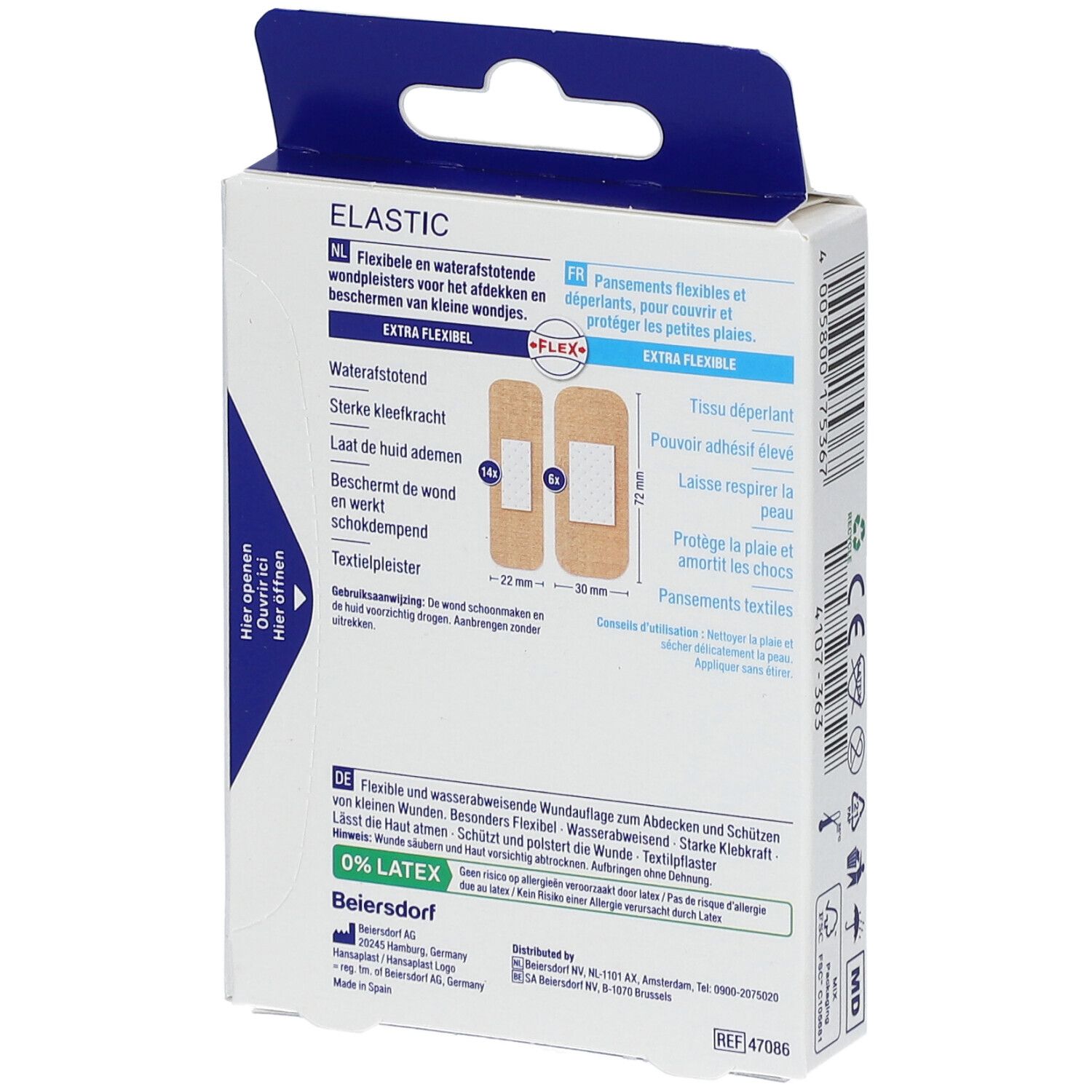 Achterkant van de Hansaplast Elastic pleisterverpakking. Productinformatie in verschillende talen en maatindicaties.