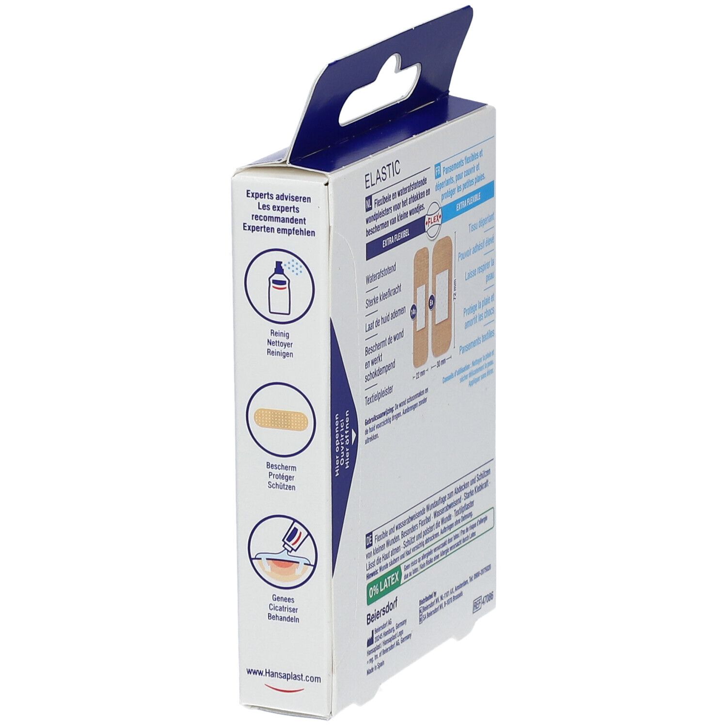 Zijaanzicht van de Hansaplast Elastic pleisterverpakking. Productinformatie en voorbeelden van gebruik.