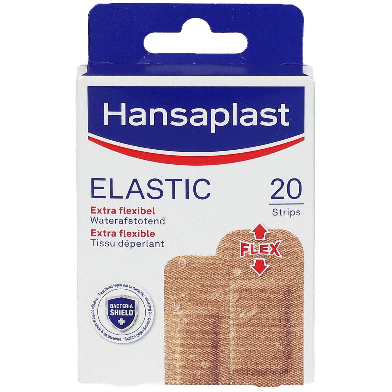Hansaplast Elastic pleisterverpakking. 20 stuks. Extra flexibel en waterafstotend. Met Flex-symbool en logo.