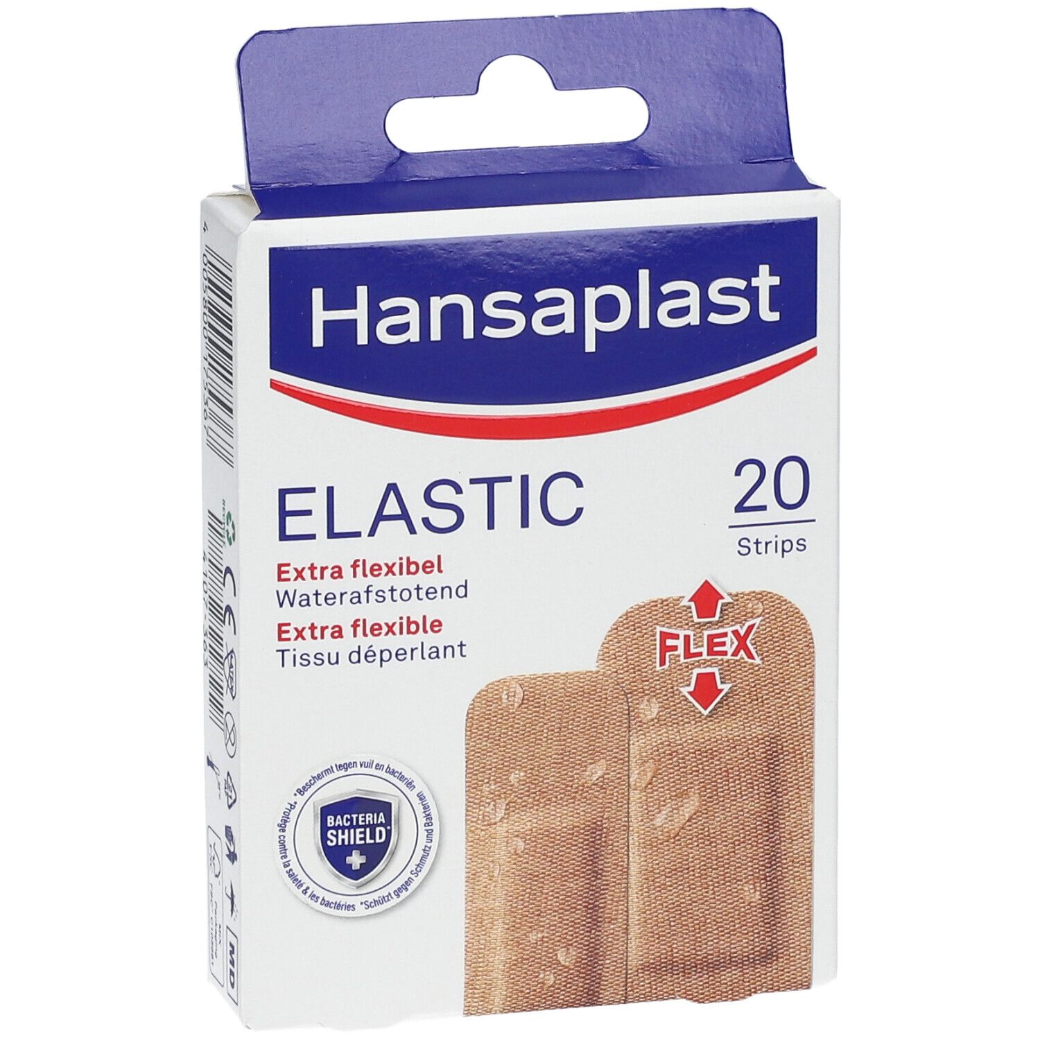 Hansaplast Elastic pleisterverpakking. 20 stuks. Extra flexibel en waterafstotend. Met Flex-symbool en logo.