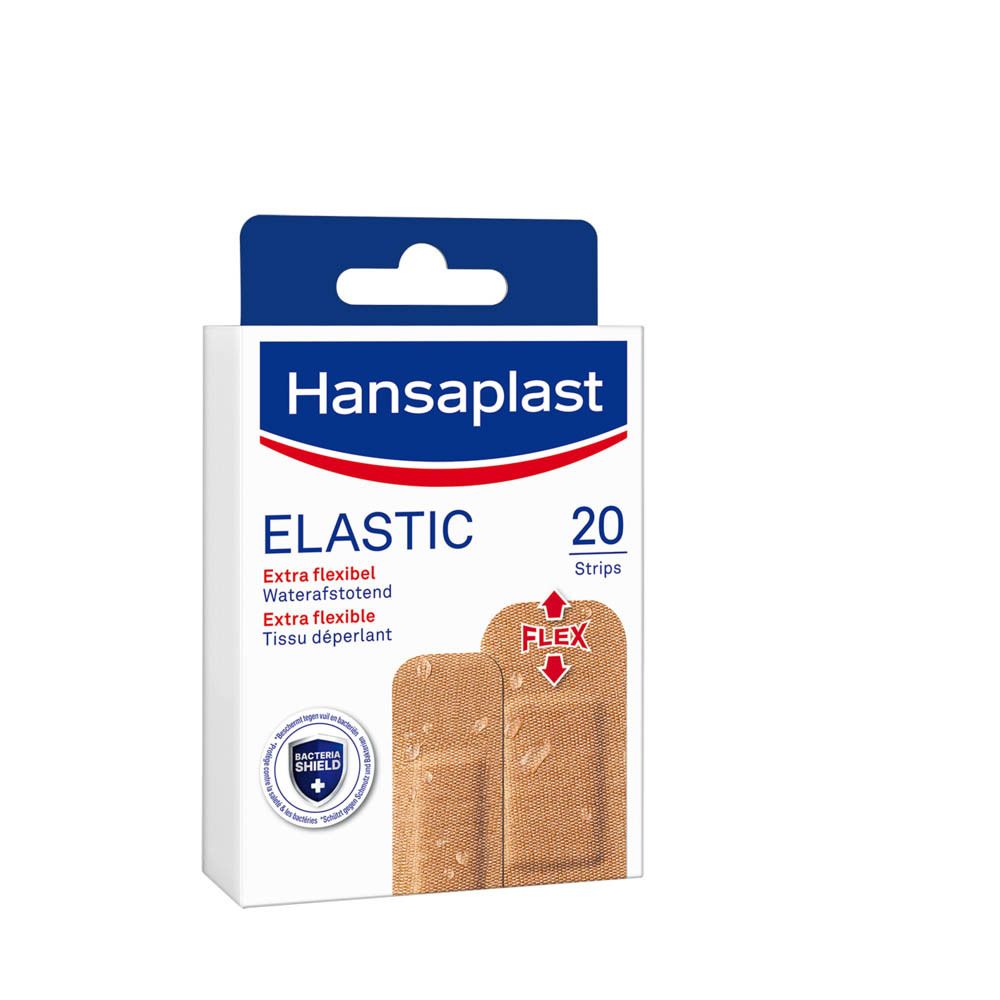 Hansaplast Elastic pleisterverpakking. 20 stuks. Extra flexibel en waterafstotend. Met Flex-symbool en logo.