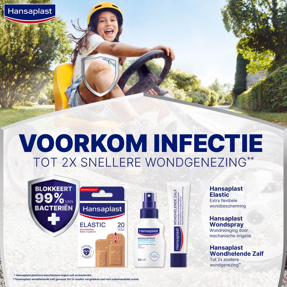 Reclame met kind en Hansaplast producten. Bevat pleisters, wondspray en wondhelende zalf.