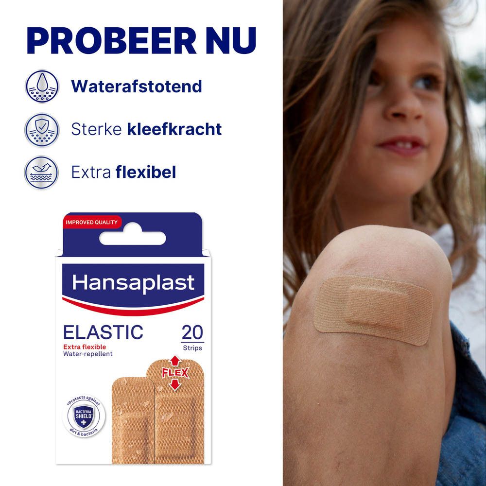Kind met pleister op de knie. Hansaplast Elastic pleisterverpakking en productkenmerken.