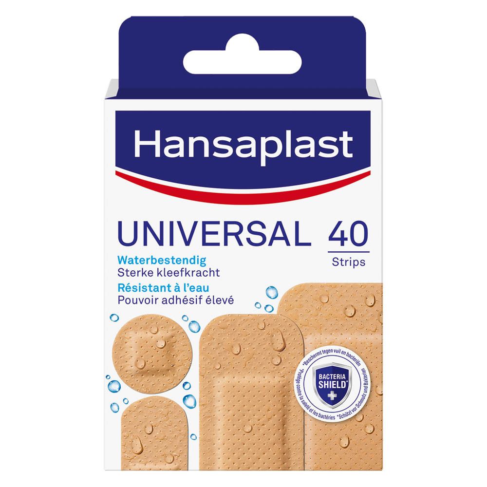 Boîte de pansements Hansaplast Universal. 40 strips. Résistant à l'eau. Forte adhérence. Beige.