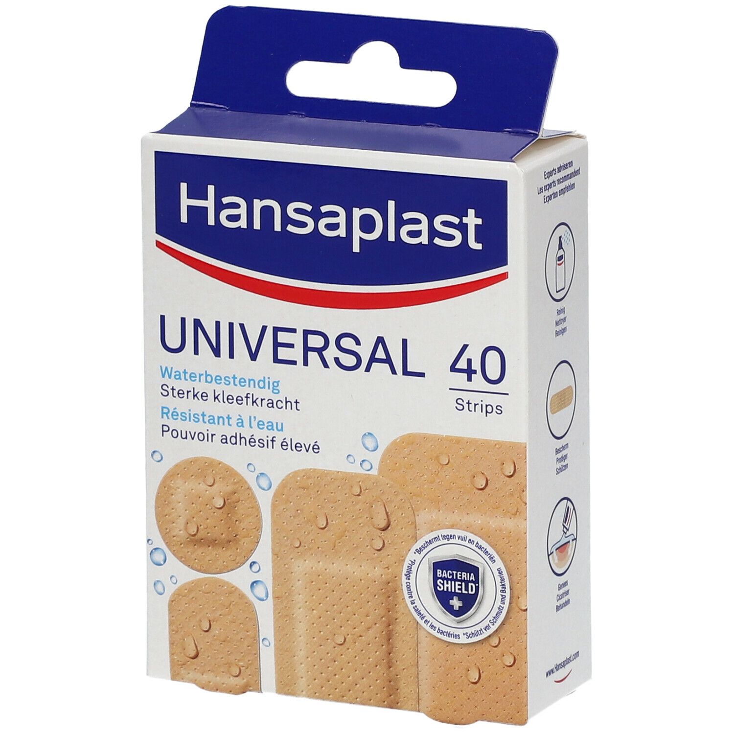 Boîte de pansements Hansaplast Universal. 40 strips. Résistant à l'eau. Forte adhérence. Beige.
