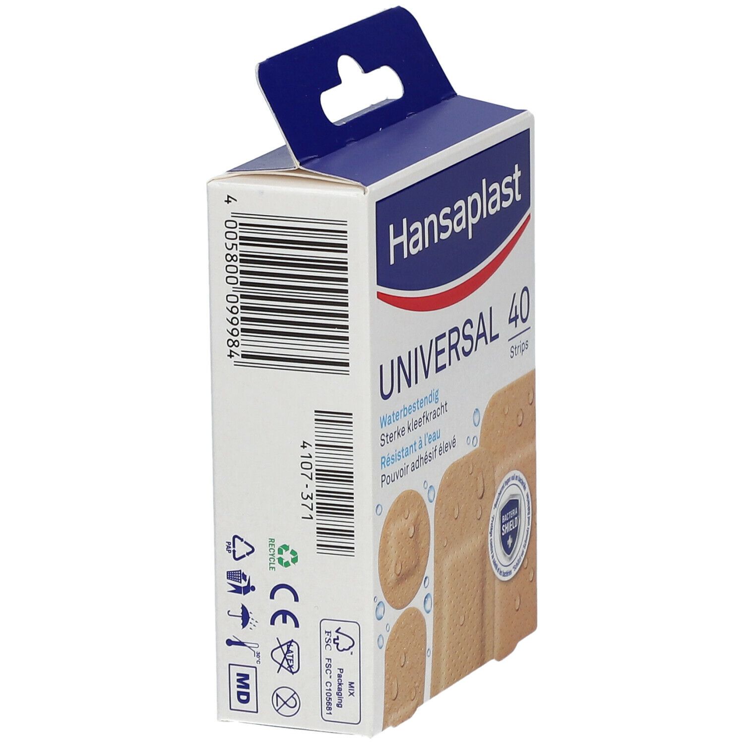 Boîte de pansements Hansaplast Universal. Vue latérale. 40 strips. Résistant à l'eau. Beige.