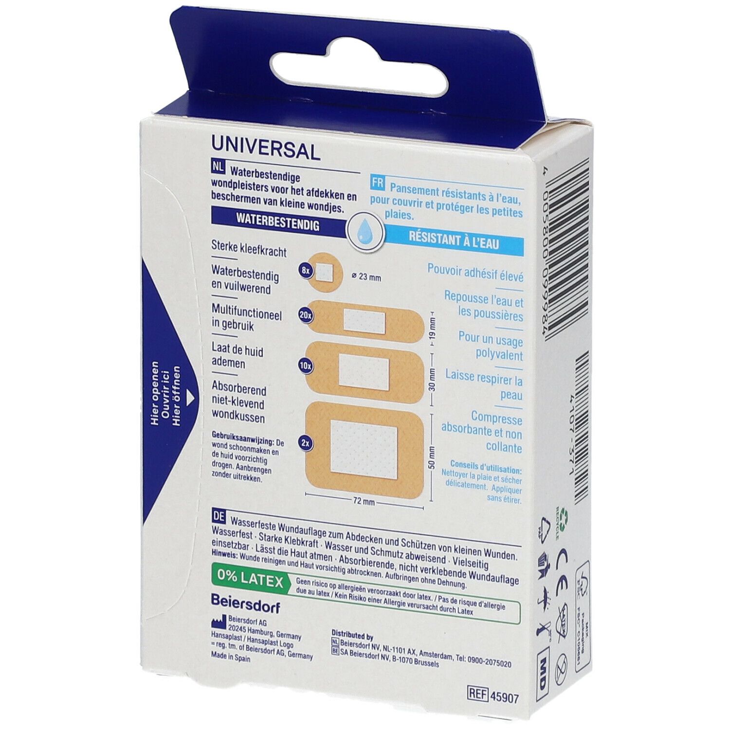 Dos de la boîte de pansements Hansaplast Universal. Informations produit multilingues.