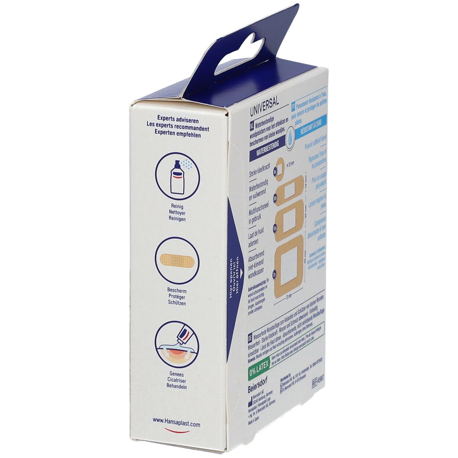 Boîte de pansements Hansaplast Universal. Illustrations et conseils d'utilisation.