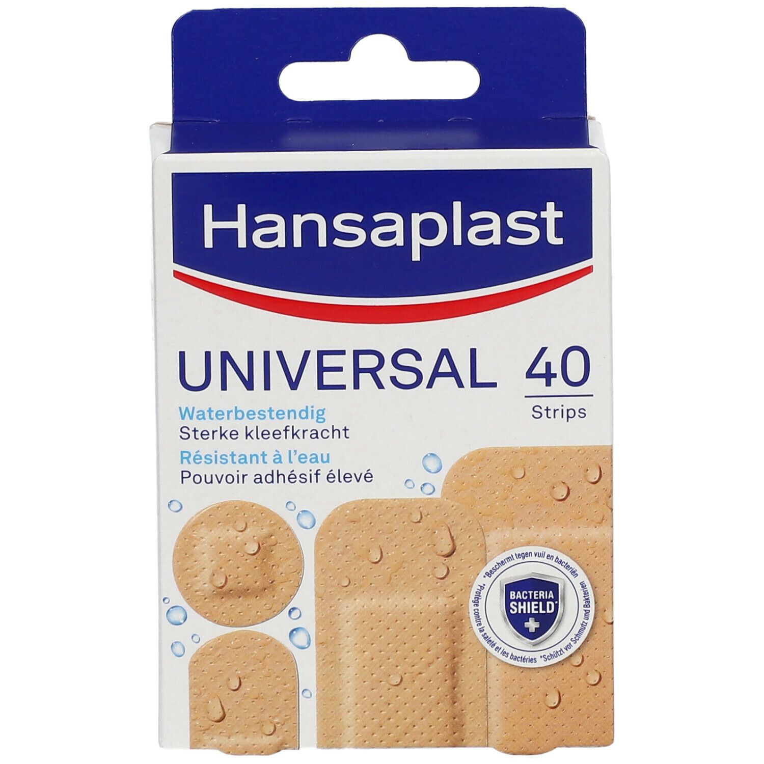 Boîte de pansements Hansaplast Universal. 40 strips. Résistant à l'eau. Forte adhérence. Beige.