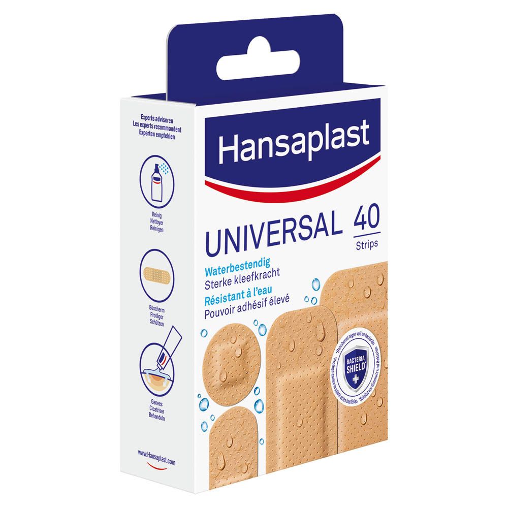 Boîte de pansements Hansaplast Universal. Illustrations et conseils d'utilisation.