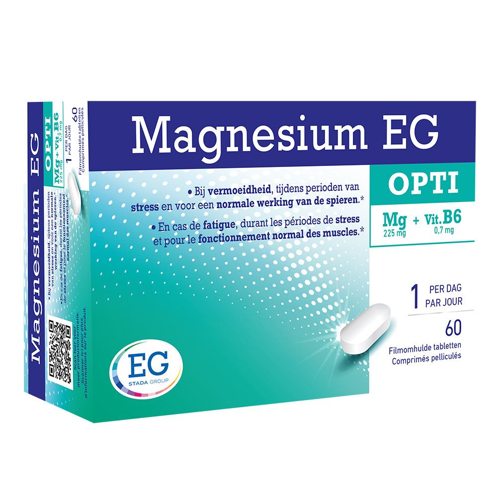 Verpakking Magnesium EG Opti. Blauwe en turquoise verpakking met productinfo en een tablet.