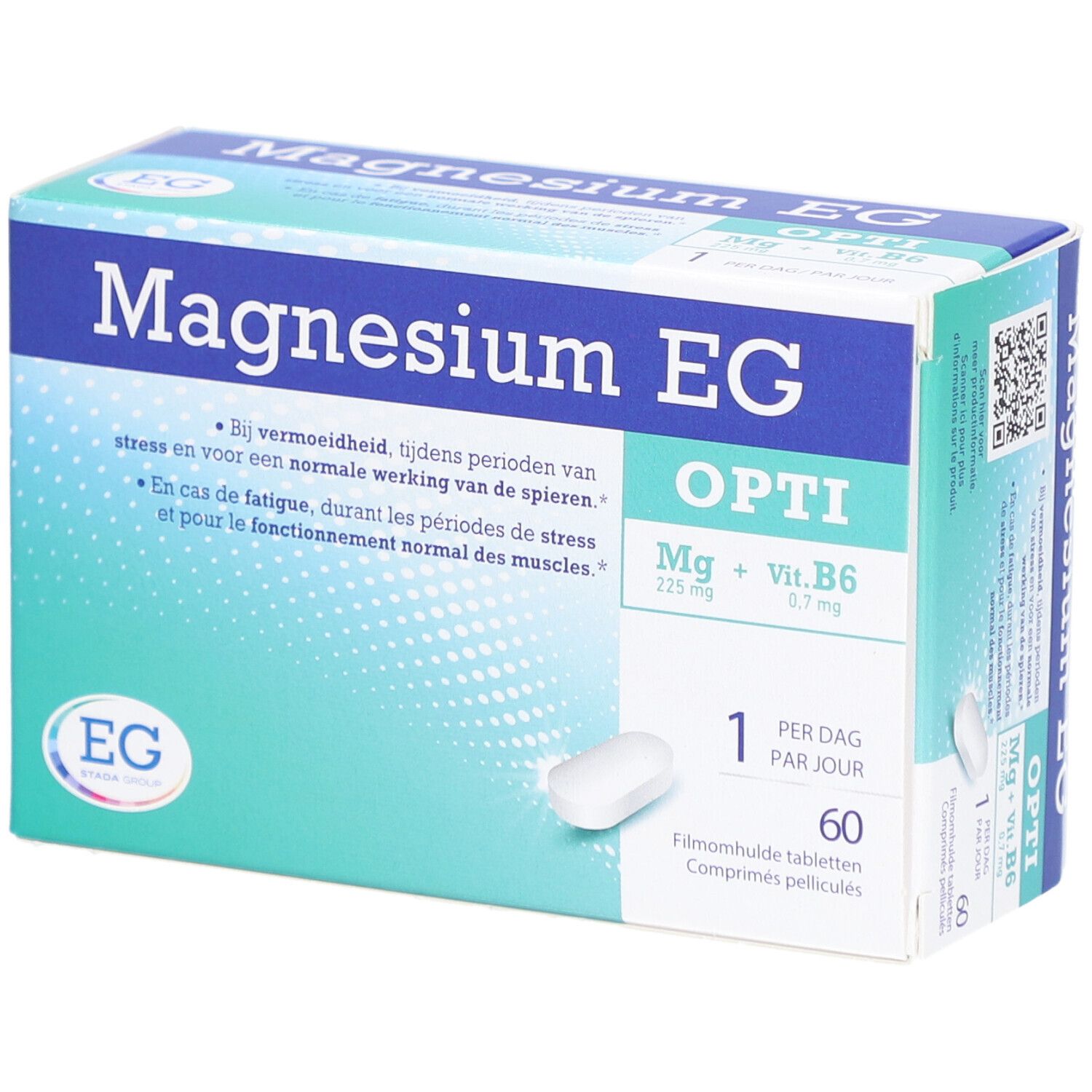 Schachtel mit Magnesium EG Opti. Blaue und türkisfarbene Verpackung mit Produktinformationen und einer Tablette.