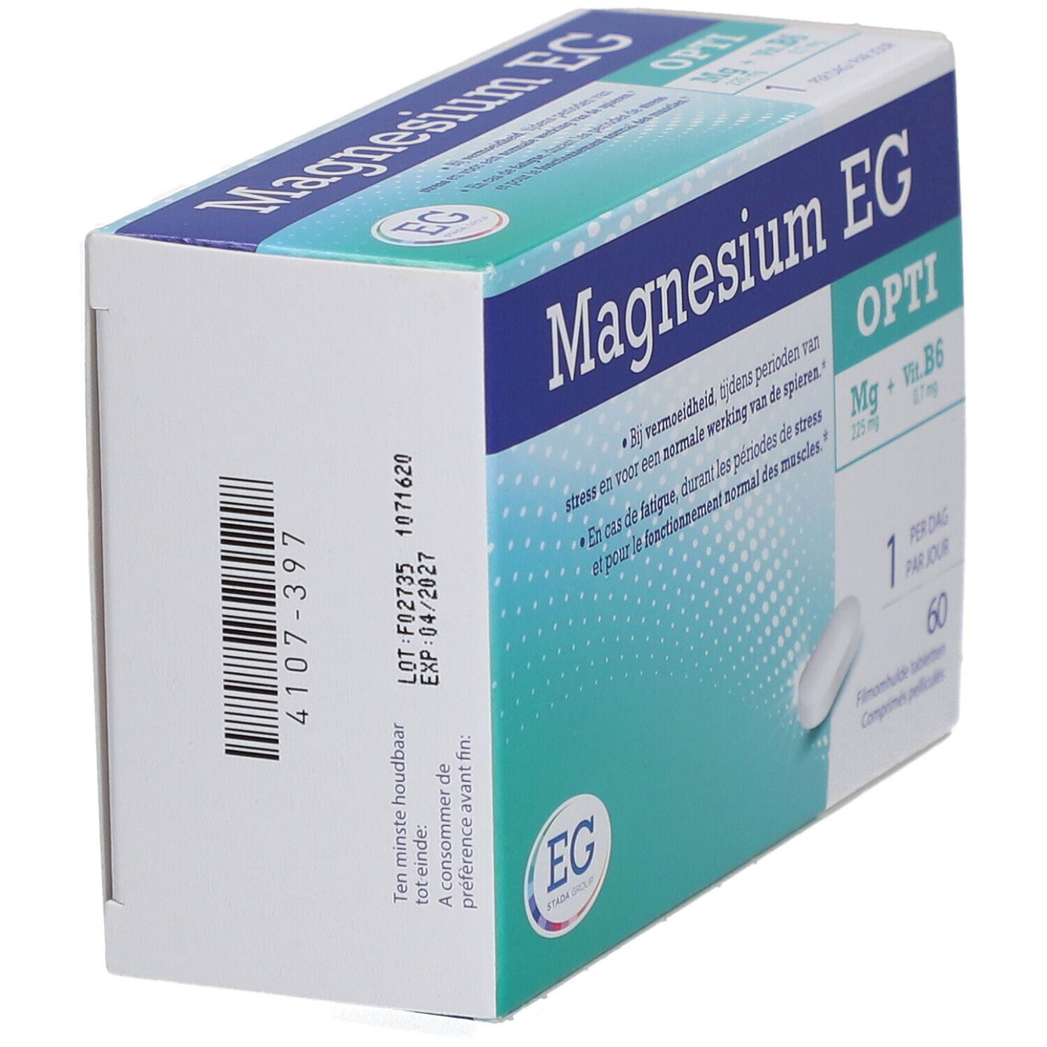 Rückseite der Magnesium EG Opti-Verpackung. Barcode, Haltbarkeitsdatum und Produktinformationen.