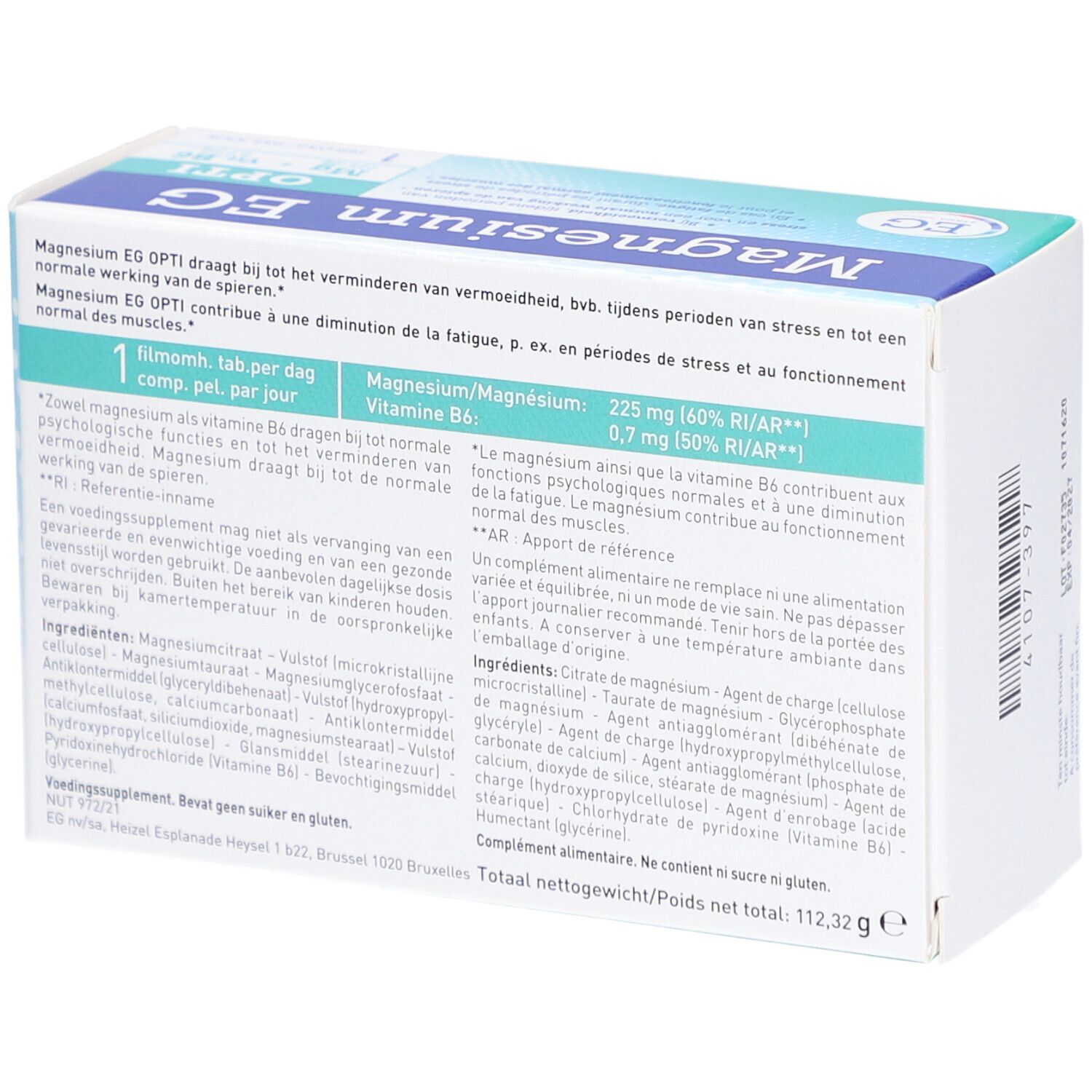 Verpackung von Magnesium EG Opti. Text mit Produktinformationen und Inhaltsstoffen. Weiße Schrift auf blauem Grund.