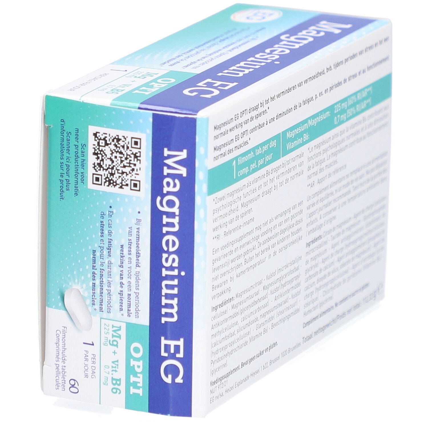 Magnesium EG Opti-Verpackung. Produktinformationen, QR-Code und eine Tablette. Blaue und türkisfarbene Verpackung.
