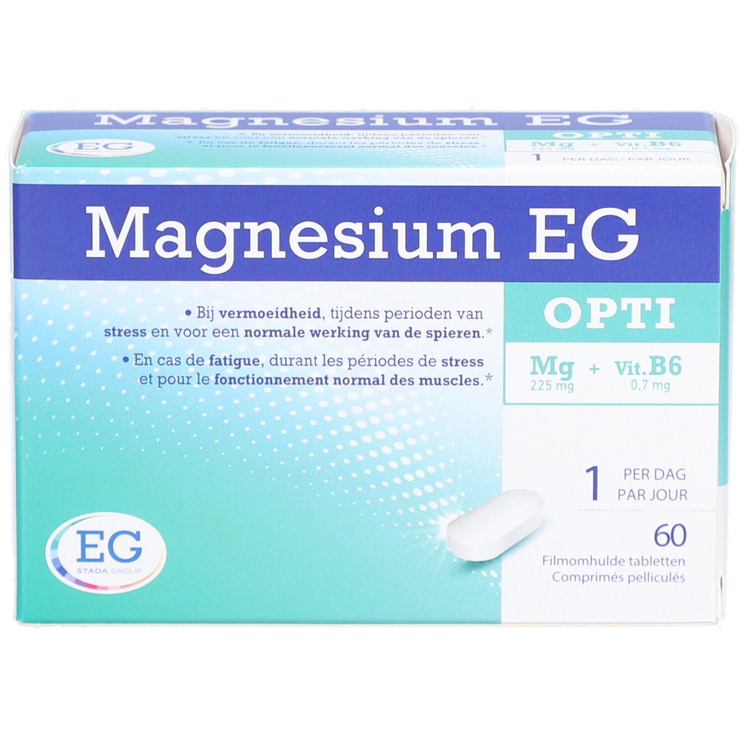 Magnesium EG Opti-Verpackung. Blaue und türkisfarbene Verpackung mit Produktinformationen und einer Tablette.