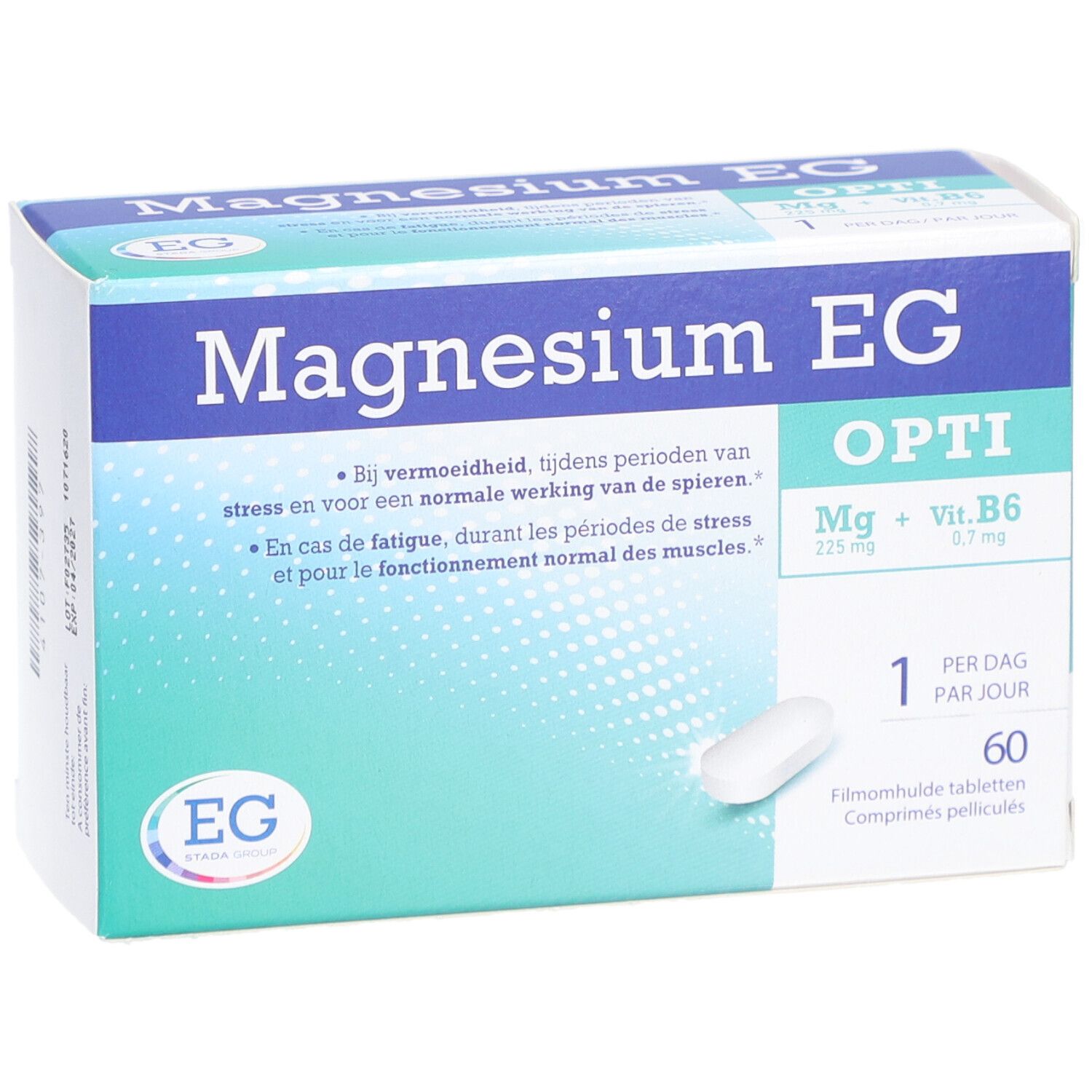 Magnesium EG Opti-Verpackung. Blaue und türkisfarbene Verpackung mit Produktinformationen und einer Tablette.